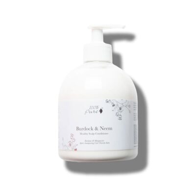 Silky white bottle of 100% Pure Burdock & Neem Healthy Scalp Conditioner with pump dispenser, featuring minimalist floral label design.