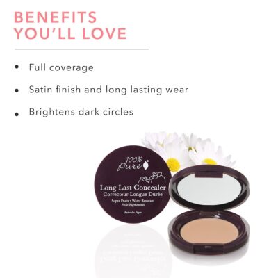Natural long-lasting concealer from 100% Pure, with super fruits, water resistance, and pigmented formula, perfect for brightening dark circles and full coverage.