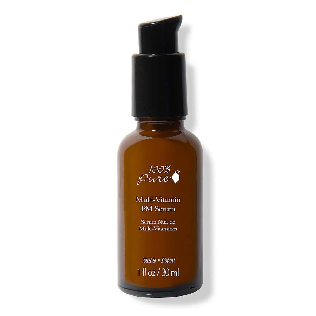 100% Pure Multi Vitamin PM Potent Serum glass bottle, multi vitamin night serum, retinol and vitamin C night serum